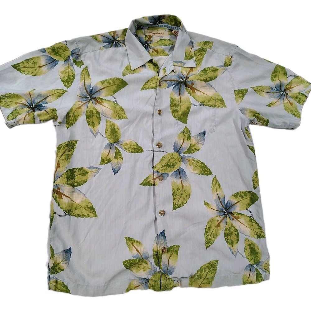 Tommy Bahama Shirt Mens Small Blue Silk Tropical Leaf Floral Button Up Camp